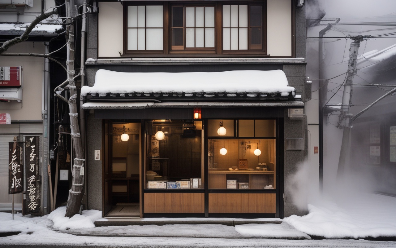 Steam and warm light at a Yokohama Noge oden shop entrance on a winter night